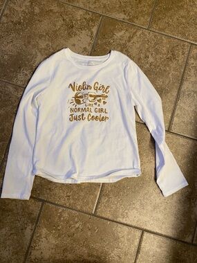 Girls' White Long-Sleeve 'Violin Girl' Tee with Gold Print medium